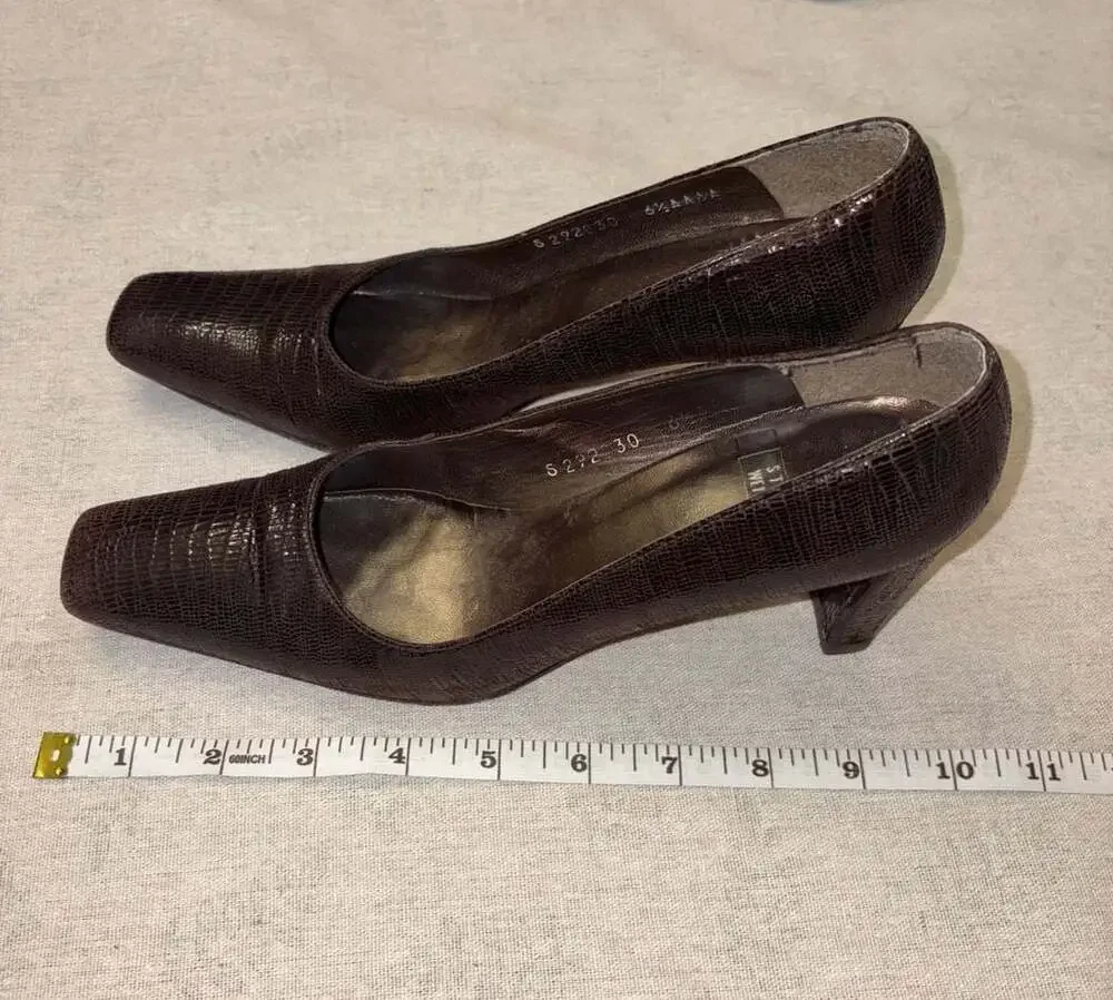 Stuart Weitzman Brown Snake Embossed Leather Square Toe Block Heel Pumps
